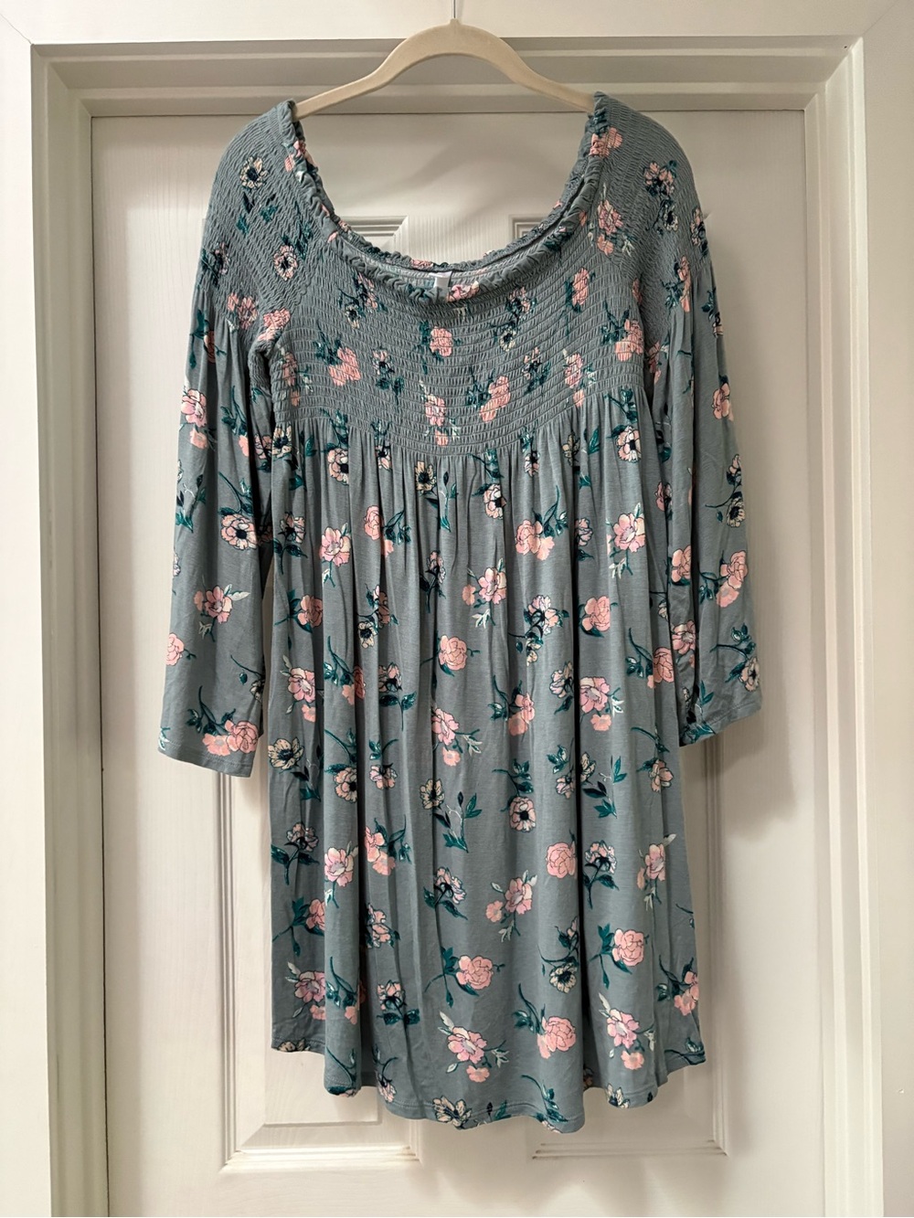 Xhilaration Dusty Gray/Green Floral Mini Dress with Pink Blooms